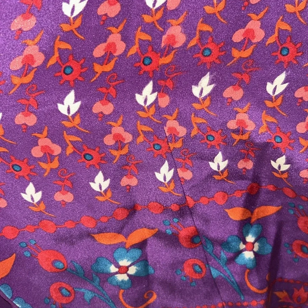 Vintage Christian Dior Silk Floral Dress Purple Ruffle Neck Midi 90s US 8 - Picture 7 of 10